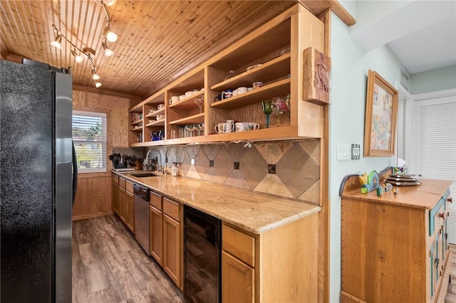 kitchen with sink, wine cooler, appliances with stainless steel finishes, wood-type flooring, and wood ceiling