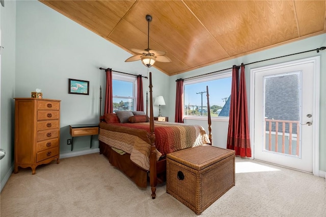 bedroom featuring ceiling fan, lofted ceiling, access to outside, light carpet, and wood ceiling