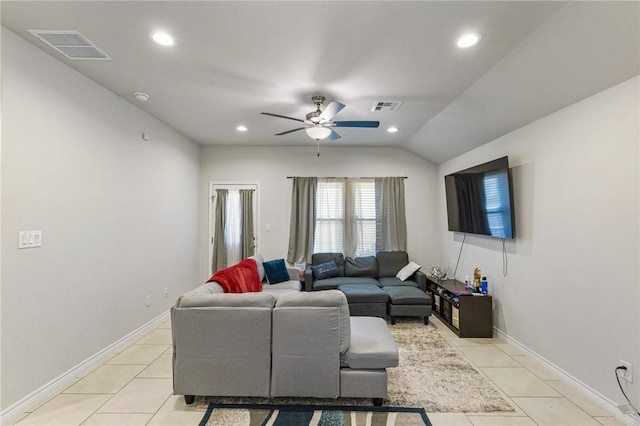 7606 Herd Rider, Corpus Christi, TX 78414 - living area featuring light tile patterned floors, a ceiling fan, recessed lighting, lofted ceiling, and baseboards