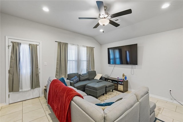 7606 Herd Rider, Corpus Christi, TX 78414 - living area with vaulted ceiling, ceiling fan, recessed lighting, light tile patterned floors, and baseboards
