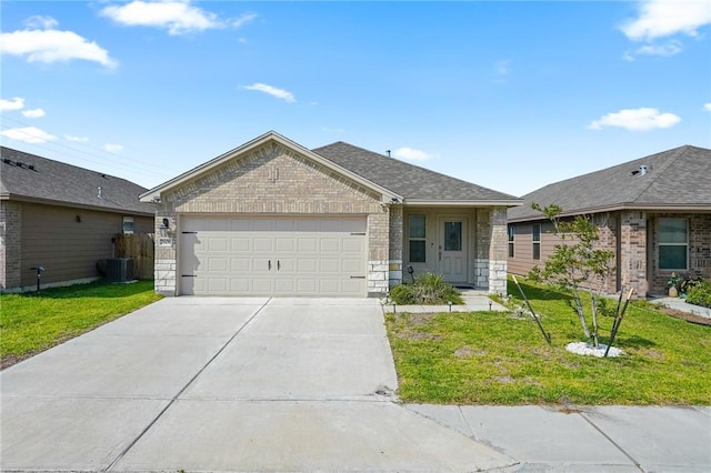 7606 Herd Rider, Corpus Christi, TX 78414 - view of front of house featuring brick siding, a front yard, an attached garage, driveway, and central air condition unit