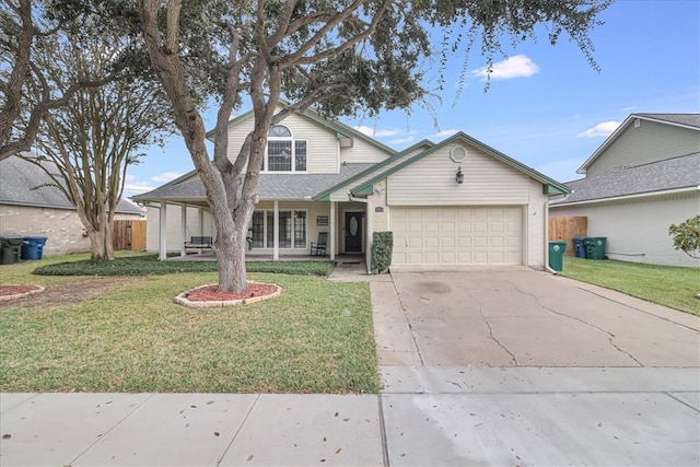 view of front of house featuring a garage, a front yard, and a porch