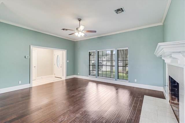 unfurnished living room featuring ceiling fan, light hardwood / wood-style floors, and crown molding