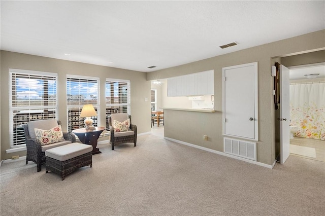 sitting room with light colored carpet