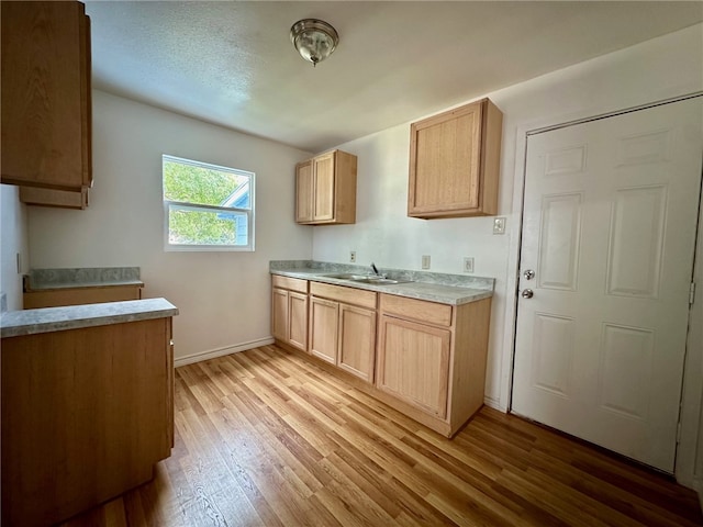 kitchen with light brown cabinets, light hardwood / wood-style floors, and sink