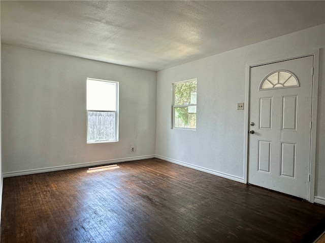 entryway with a wealth of natural light, dark wood-type flooring, and a textured ceiling