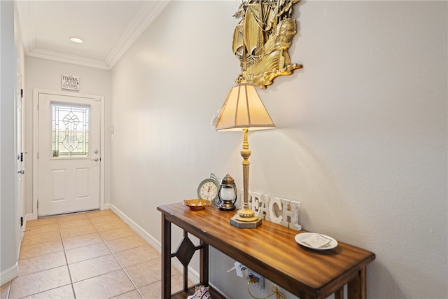 doorway with light tile patterned flooring and ornamental molding