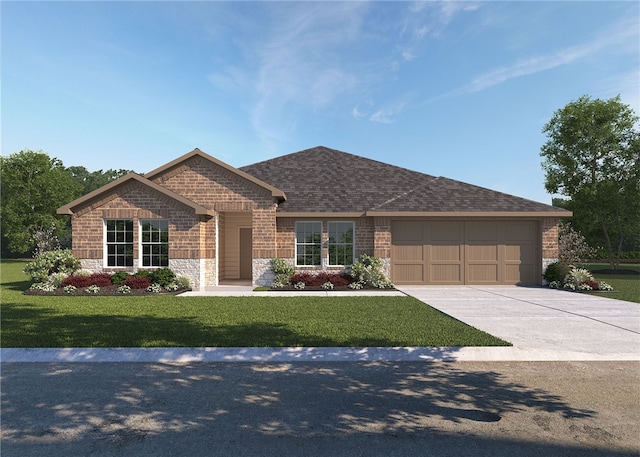 3409 Median Dr, Corpus Christi, TX 78414 - view of front facade with stone siding, a garage, concrete driveway, brick siding, and a front yard