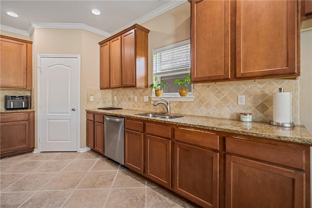 6126 Saint Denis St, Corpus Christi, TX 78414 - kitchen with dishwasher, a sink, light stone counters, tasteful backsplash, and crown molding