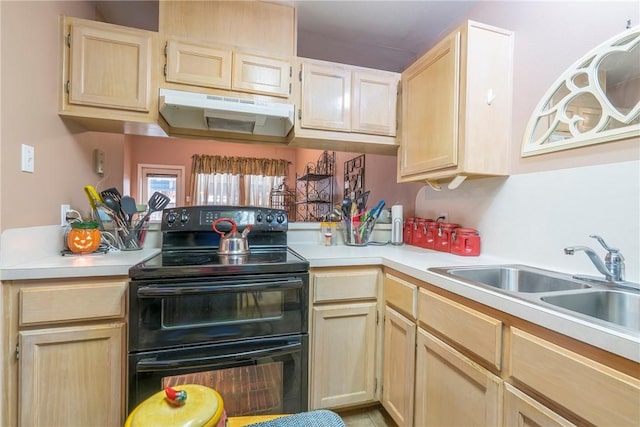 13656 Teague Ln Unit 22, Corpus Christi, TX 78410 - kitchen featuring double oven range, extractor fan, light brown cabinets, and light countertops