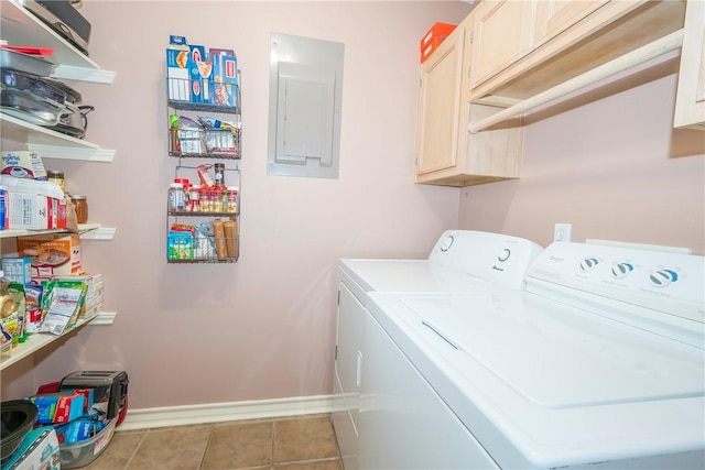 13656 Teague Ln Unit 22, Corpus Christi, TX 78410 - laundry room featuring electric panel, washing machine and clothes dryer, cabinet space, and tile patterned floors