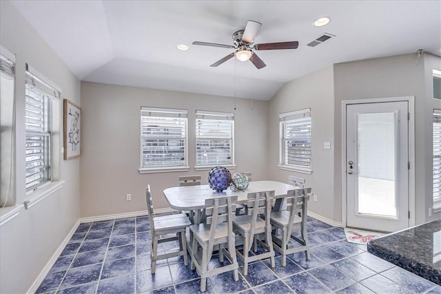 123 Sea Mist Dr, Aransas Pass, TX 78336 - dining area featuring baseboards, ceiling fan, vaulted ceiling, and recessed lighting