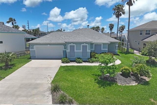123 Sea Mist Dr, Aransas Pass, TX 78336 - view of front of house with a garage, concrete driveway, stucco siding, a shingled roof, and a residential view