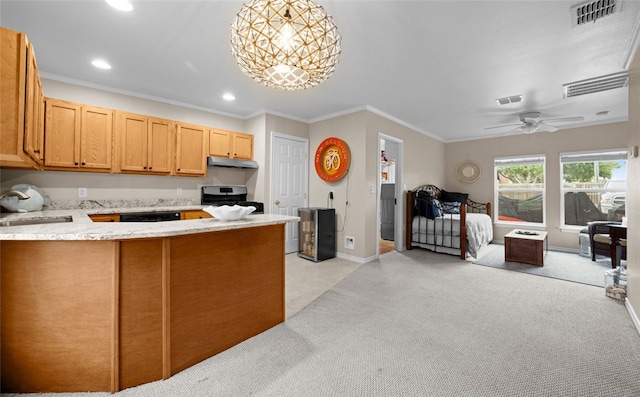 kitchen featuring stainless steel gas range, sink, light carpet, and ceiling fan