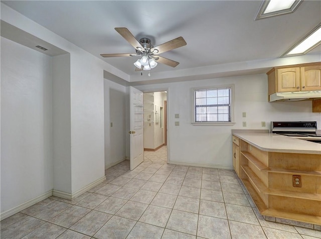 4821 Kosarek Dr, Corpus Christi, TX 78415 - kitchen featuring stove, open shelves, under cabinet range hood, light countertops, and a ceiling fan
