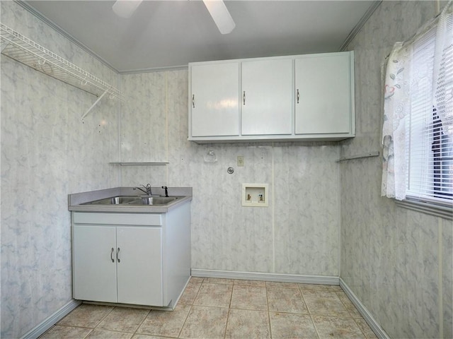 4821 Kosarek Dr, Corpus Christi, TX 78415 - laundry area with washer hookup, cabinet space, a ceiling fan, and ornamental molding