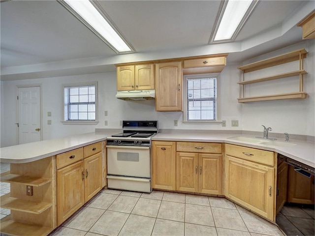 4821 Kosarek Dr, Corpus Christi, TX 78415 - kitchen with open shelves, white range oven, under cabinet range hood, dishwasher, and a peninsula