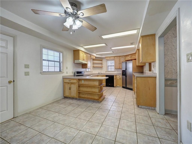 4821 Kosarek Dr, Corpus Christi, TX 78415 - kitchen featuring open shelves, stainless steel fridge with ice dispenser, dishwasher, stove, and light tile patterned floors