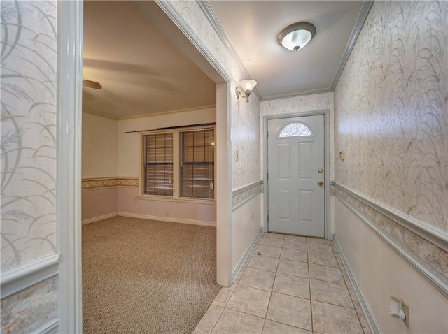 4821 Kosarek Dr, Corpus Christi, TX 78415 - entryway with ornamental molding, wallpapered walls, light tile patterned flooring, and light carpet