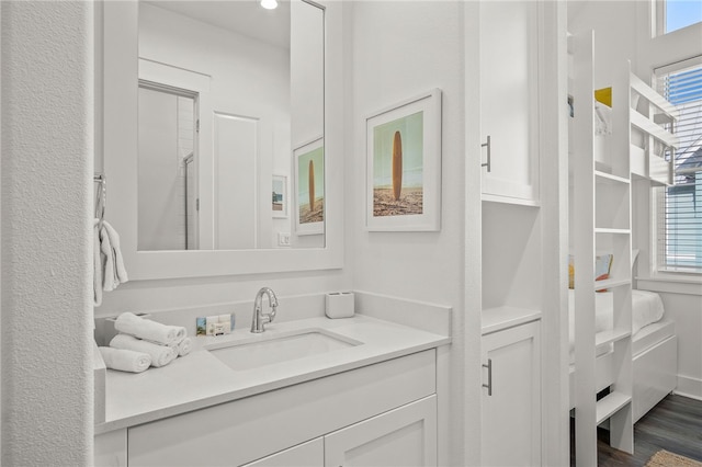 bathroom with vanity, a wealth of natural light, and hardwood / wood-style flooring