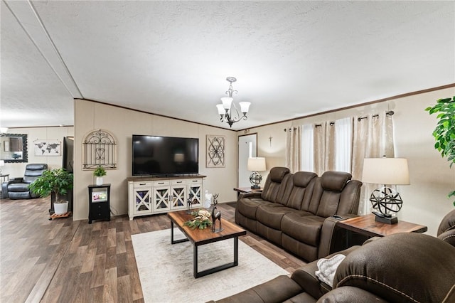 living room with an inviting chandelier, dark hardwood / wood-style floors, lofted ceiling, a textured ceiling, and ornamental molding