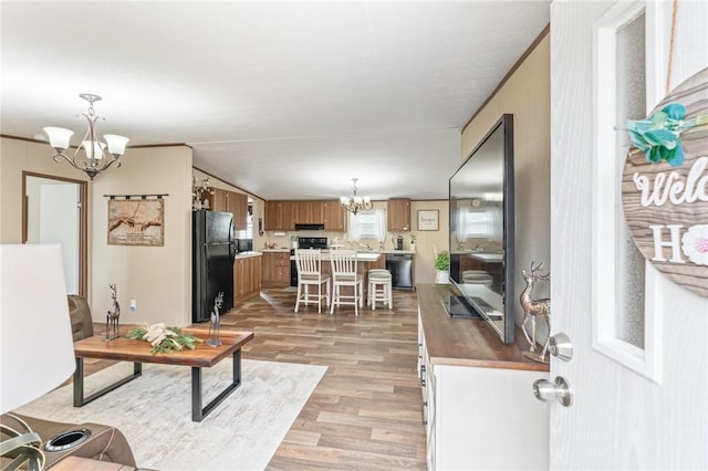 living room featuring light hardwood / wood-style floors and a notable chandelier