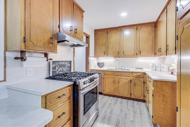 kitchen with light wood-type flooring, high end stove, sink, and tasteful backsplash