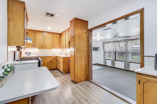 kitchen with light hardwood / wood-style floors, ceiling fan, stainless steel stove, and sink