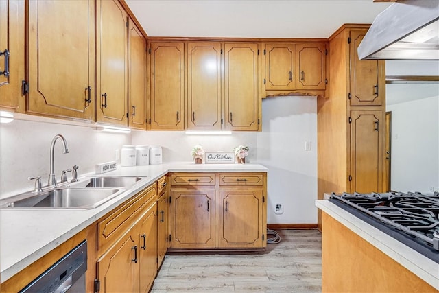 kitchen featuring extractor fan, light hardwood / wood-style flooring, sink, and dishwasher