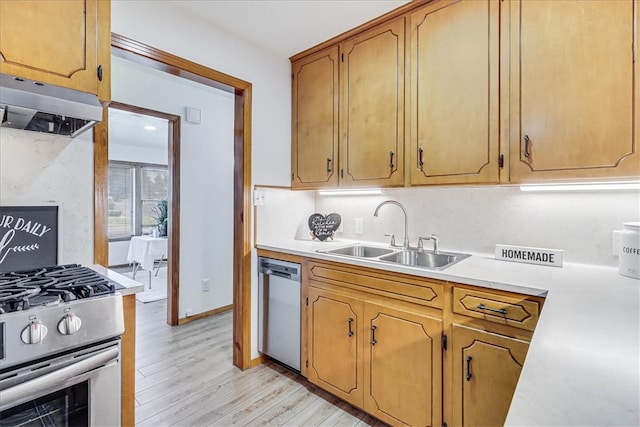 kitchen with stainless steel appliances, sink, and light hardwood / wood-style flooring