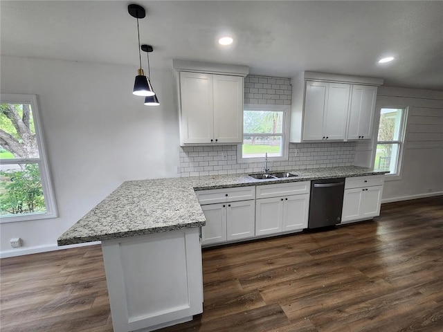 kitchen featuring white cabinetry, dishwasher, sink, pendant lighting, and decorative backsplash