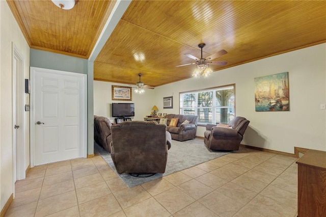 tiled living room featuring ceiling fan, crown molding, and wooden ceiling