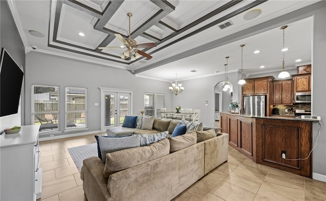8245 Rock Crest Dr, Corpus Christi, TX 78414 - living room with ornamental molding, a ceiling fan, a chandelier, recessed lighting, and french doors