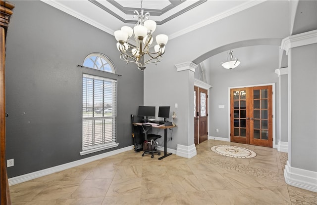 8245 Rock Crest Dr, Corpus Christi, TX 78414 - home office with arched walkways, french doors, marble look tile flooring, ornamental molding, and a chandelier