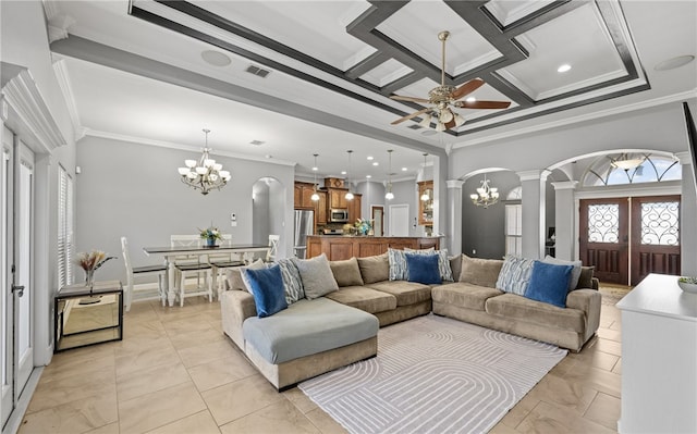 8245 Rock Crest Dr, Corpus Christi, TX 78414 - living area featuring a chandelier, arched walkways, ornamental molding, ornate columns, and ceiling fan