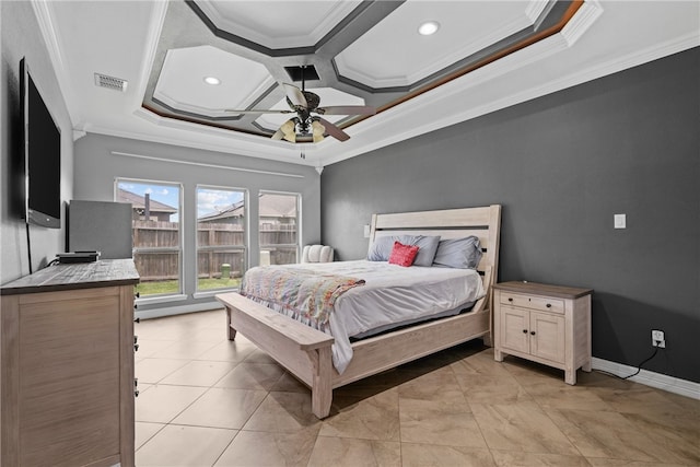 8245 Rock Crest Dr, Corpus Christi, TX 78414 - bedroom featuring crown molding, coffered ceiling, recessed lighting, and ceiling fan