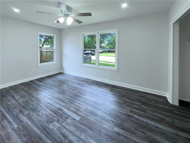 6042 Hugo Dr, Corpus Christi, TX 78412 - spare room featuring ceiling fan, dark wood-style flooring, baseboards, and recessed lighting