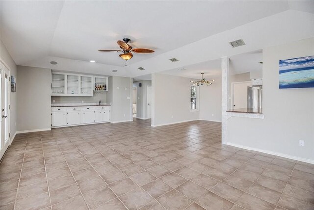 13810 Mizzen St, Corpus Christi, TX 78418 - unfurnished living room with a chandelier, ceiling fan, baseboards, light tile patterned floors, and recessed lighting