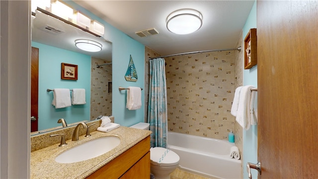 full bathroom with toilet, vanity, and shower / tub combo with curtain