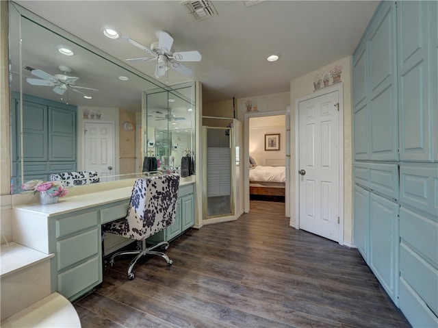 bathroom featuring hardwood / wood-style floors and ceiling fan