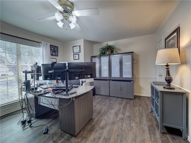 home office with dark wood-type flooring, ceiling fan, and crown molding