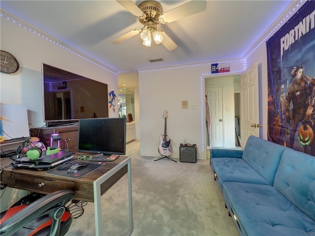 carpeted office space with ceiling fan