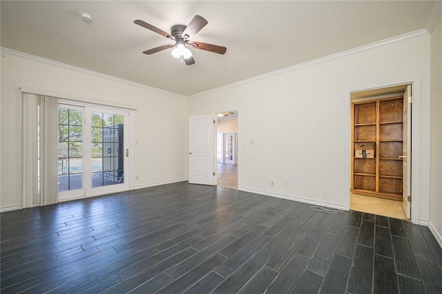 505 Spyglass St, Rockport, TX 78382 - spare room featuring ceiling fan, ornamental molding, dark wood finished floors, and baseboards