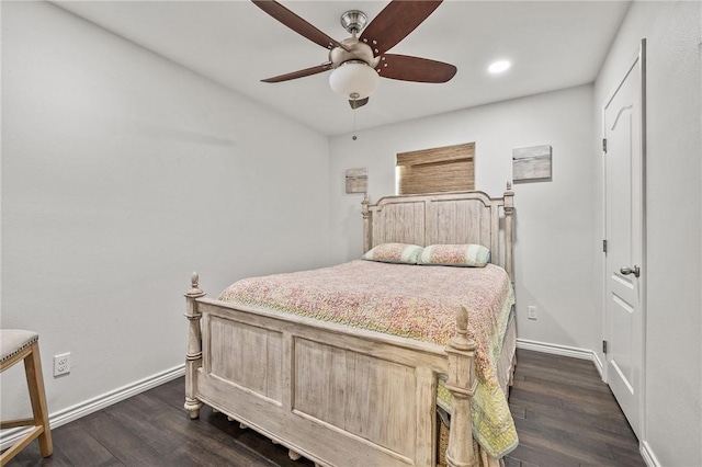 bedroom with dark wood-style flooring, baseboards, recessed lighting, and ceiling fan
