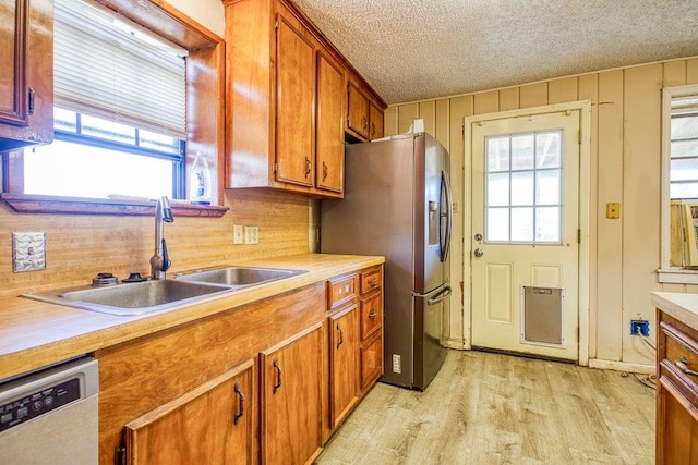 kitchen featuring a healthy amount of sunlight, light hardwood / wood-style floors, stainless steel appliances, and sink