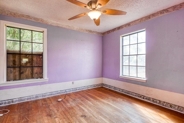 empty room with ceiling fan, wood-type flooring, plenty of natural light, and a textured ceiling