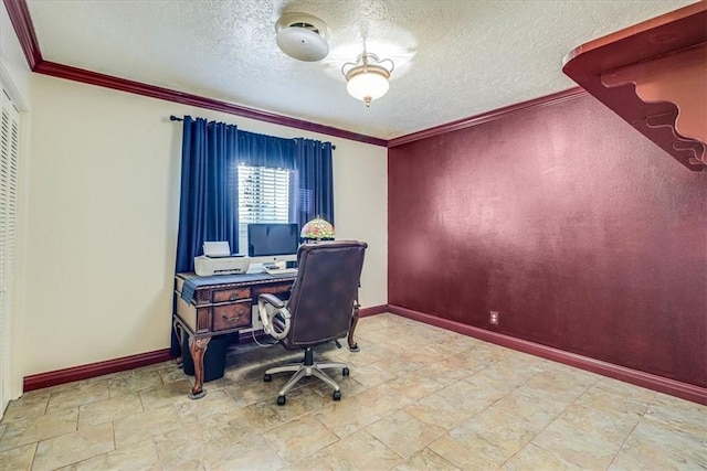 home office with ornamental molding and a textured ceiling