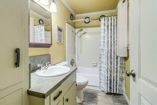 full bathroom with ornamental molding, shower / tub combo, vanity, and toilet