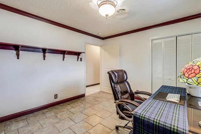 office with ornamental molding and a textured ceiling