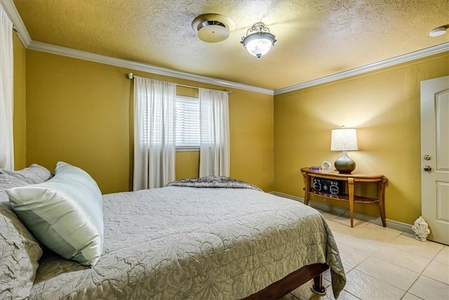 bedroom featuring crown molding, a textured ceiling, and light tile patterned flooring